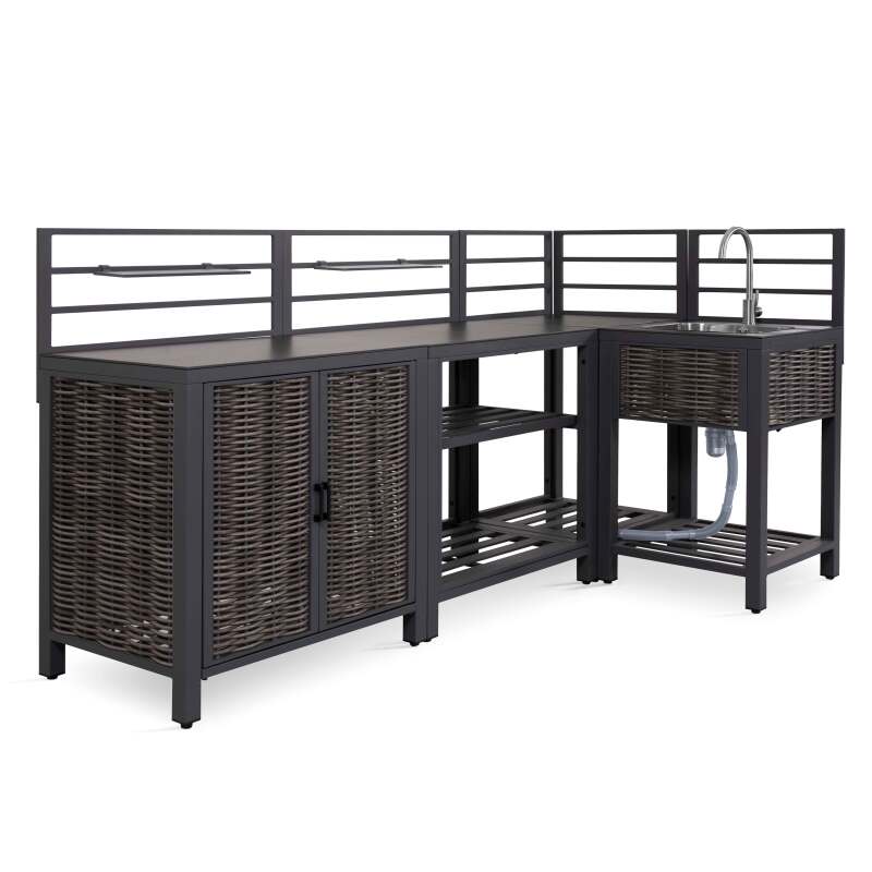 Mueble fregadero de aluminio y ratán sintético para cocina exterior