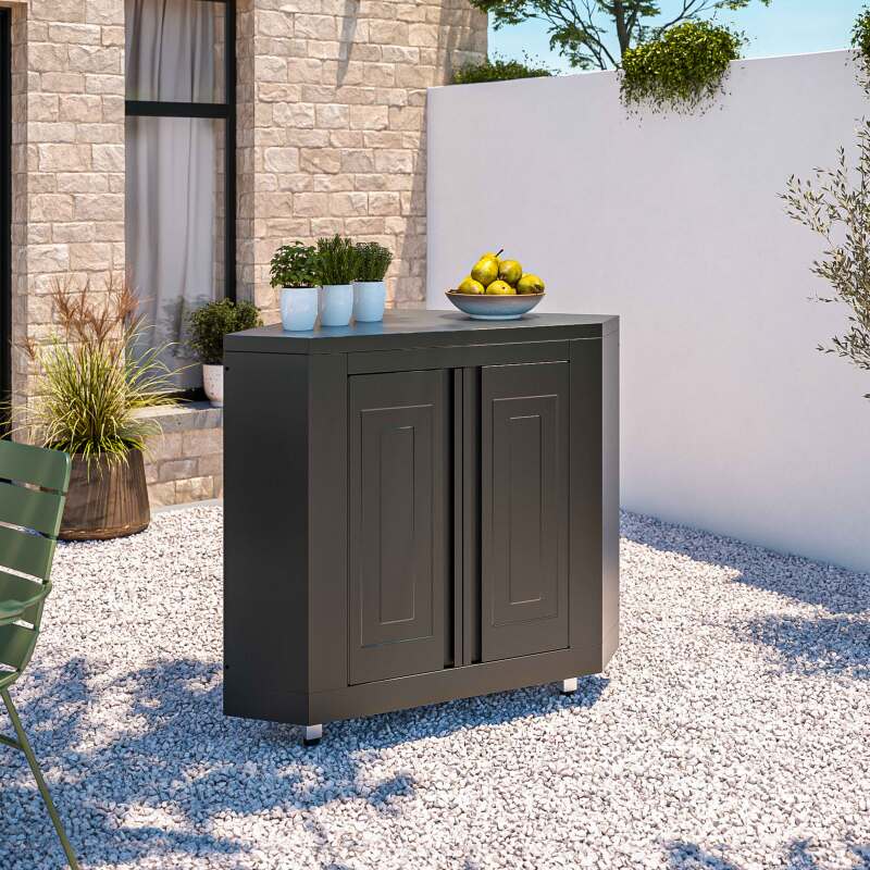 Cocina de exterior en acero en forma de esquina con 6 elementos, incluyendo 3 módulos de cocción y un fregadero