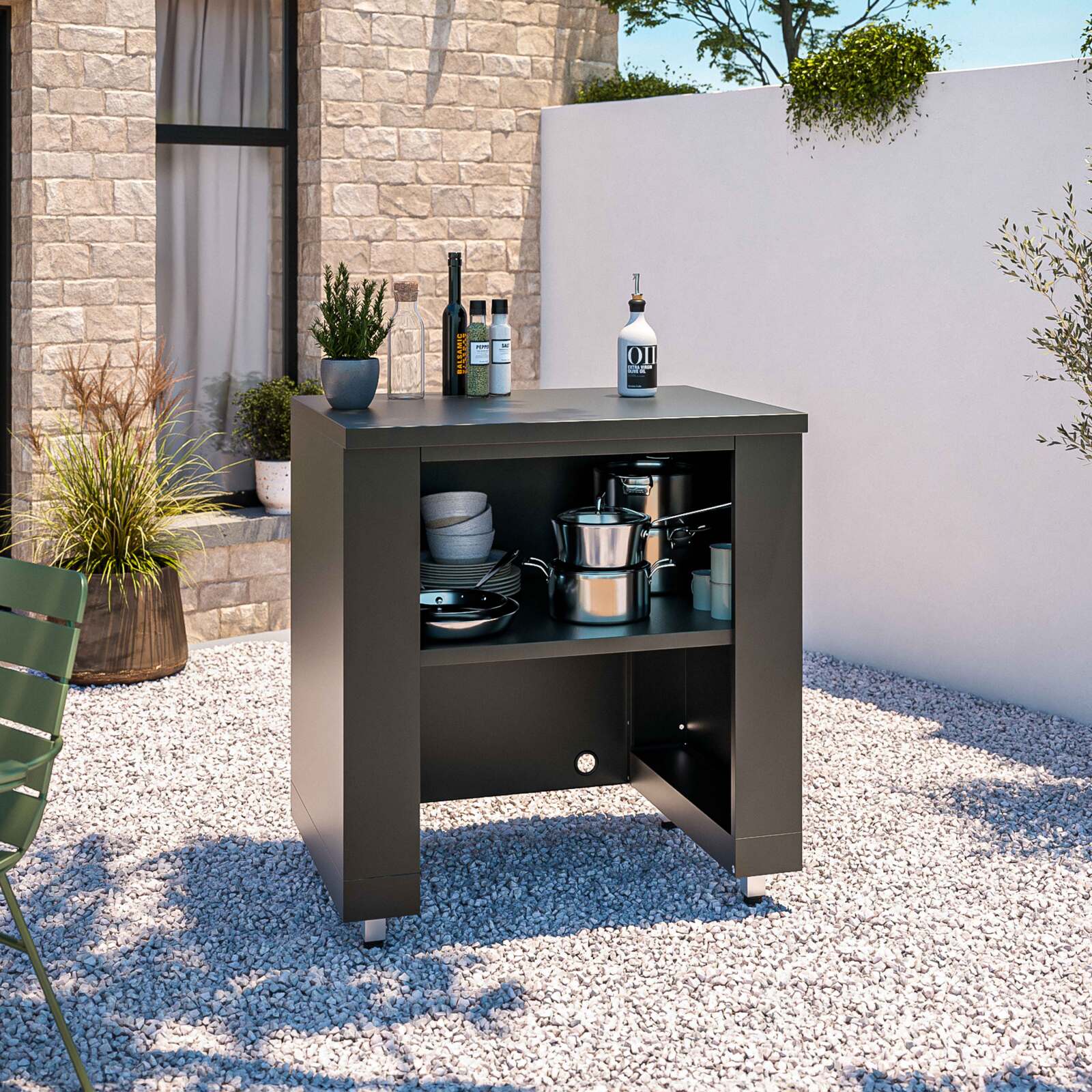 Cocina de exterior en ángulo de 4 elementos con fregadero y módulo de cocina para barbacoa