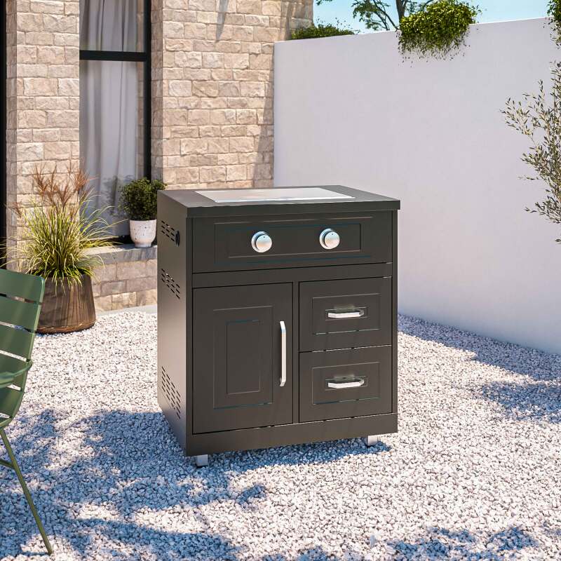 Cocina de exterior de acero negro de 6 elementos con módulo de cocción