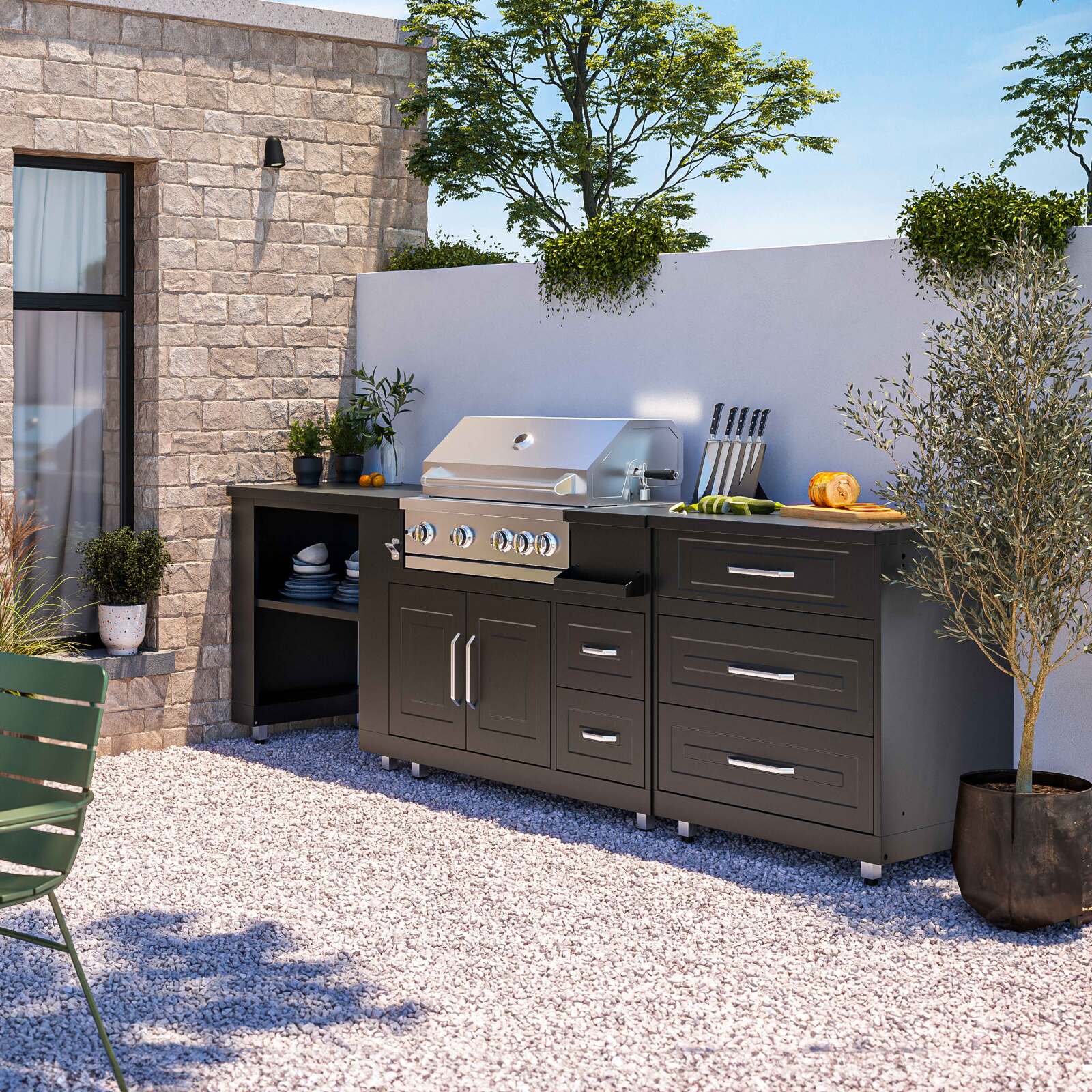 Mueble de acero para barbacoa de gas con 4 + 1 quemadores para cocina exterior