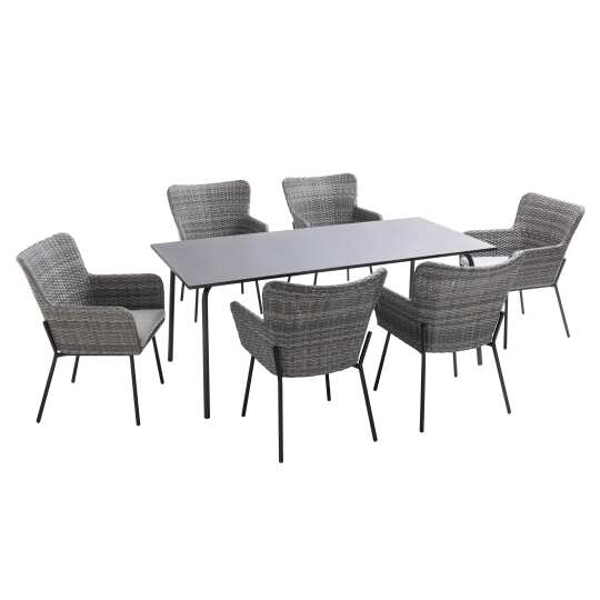 Mesa de jardín de metal 180x90 cm y 6 sillas con reposabrazos de resina tejida | Oviala