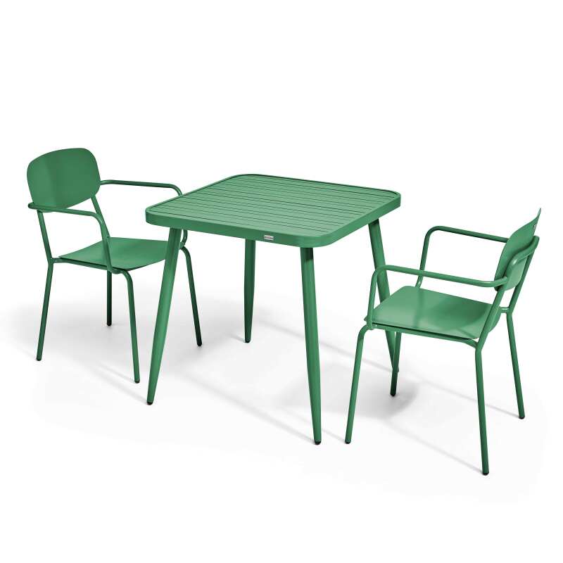 Mesa de jardín cuadrada de 75 x 75 cm y 2 sillas con reposabrazos de aluminio