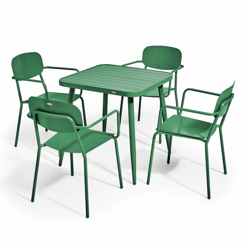 Mesa de jardín cuadrada de 75 x 75 cm y 4 sillas con reposabrazos de aluminio