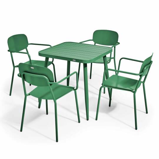 Mesa de jardín cuadrada de 75 x 75 cm y 4 sillas con reposabrazos de aluminio