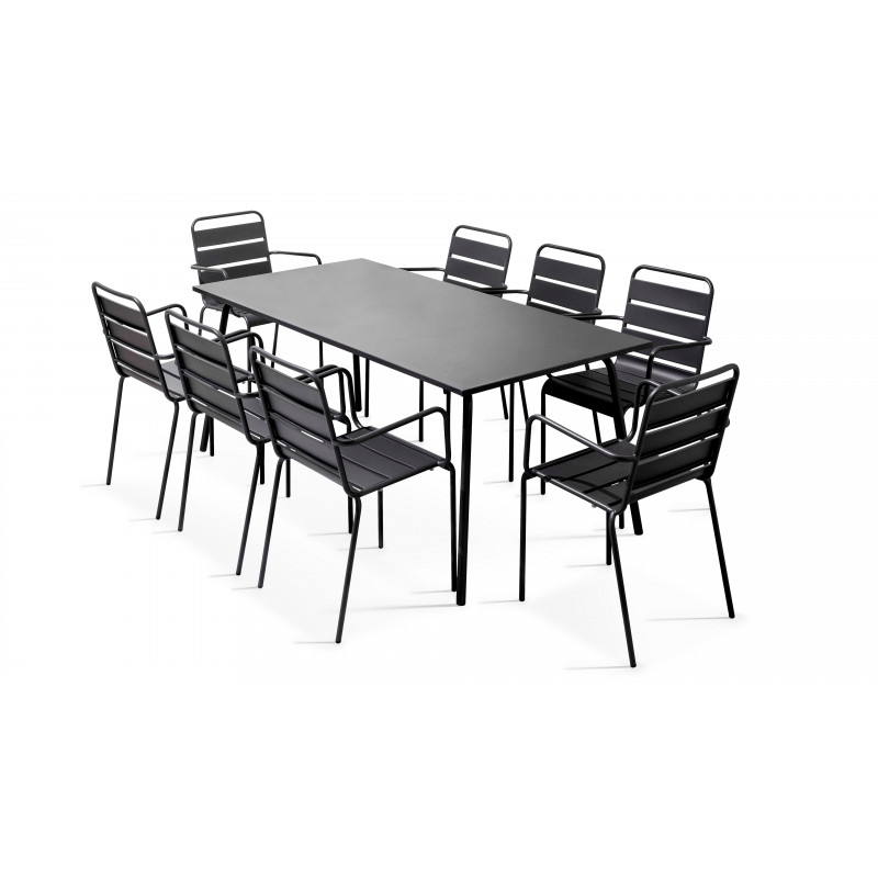 Mesa rectangular interior 8 personas y 8 sillones gris