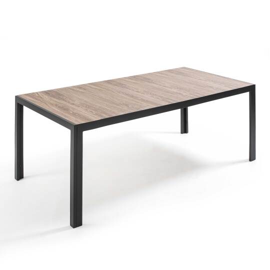 Mesa de comedor rectangular de cerámica efecto madera y aluminio 10 personas | Oviala