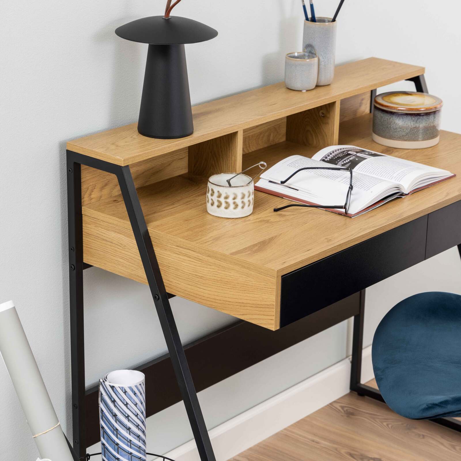 Escritorio de chapa de roble y metal de 100 x 55 cm