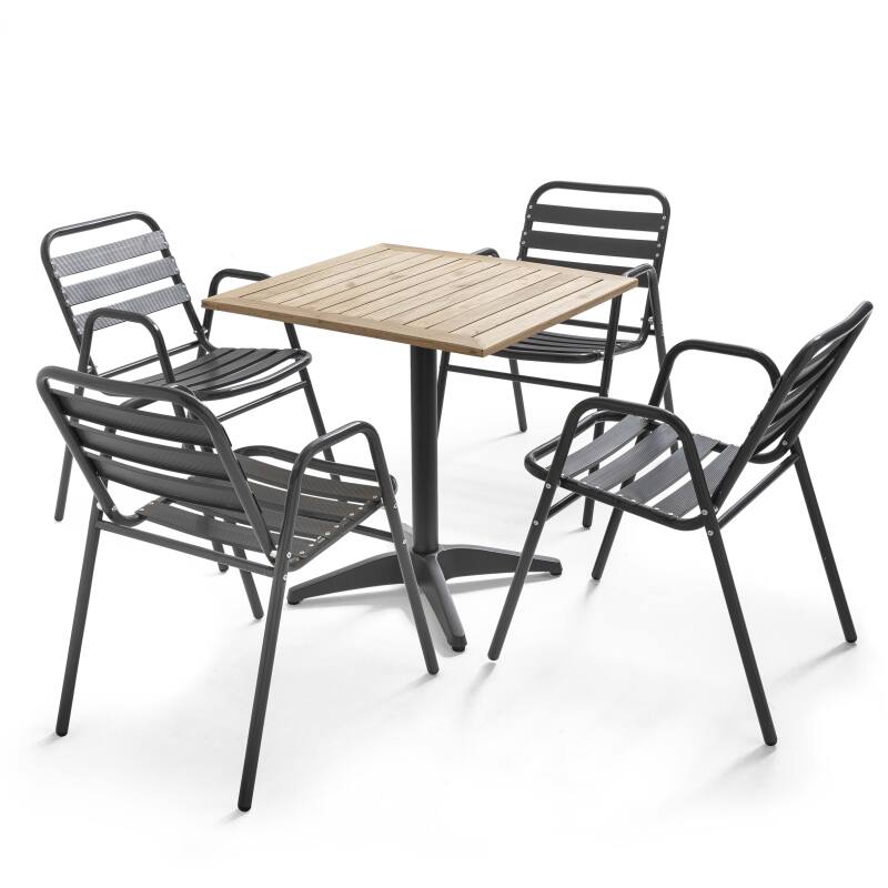 Mesa de terraza cuadrada de madera 70 x 70 cm + 4 sillas de aluminio