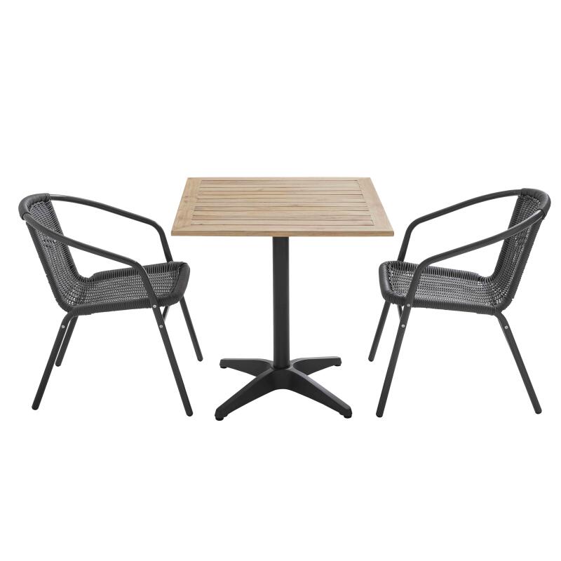 Mesa cuadrada de terraza con tablero de madera y 2 sillas de resina y aluminio - Gris