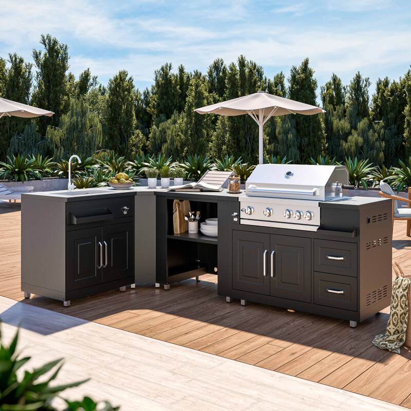 Mueble fregadero de 2 puertas de acero negro para cocina exterior