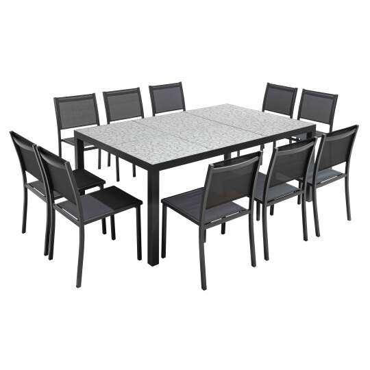 Mesa de jardín de cerámica con efecto mosaico de 182 x 121 cm con 10 sillas