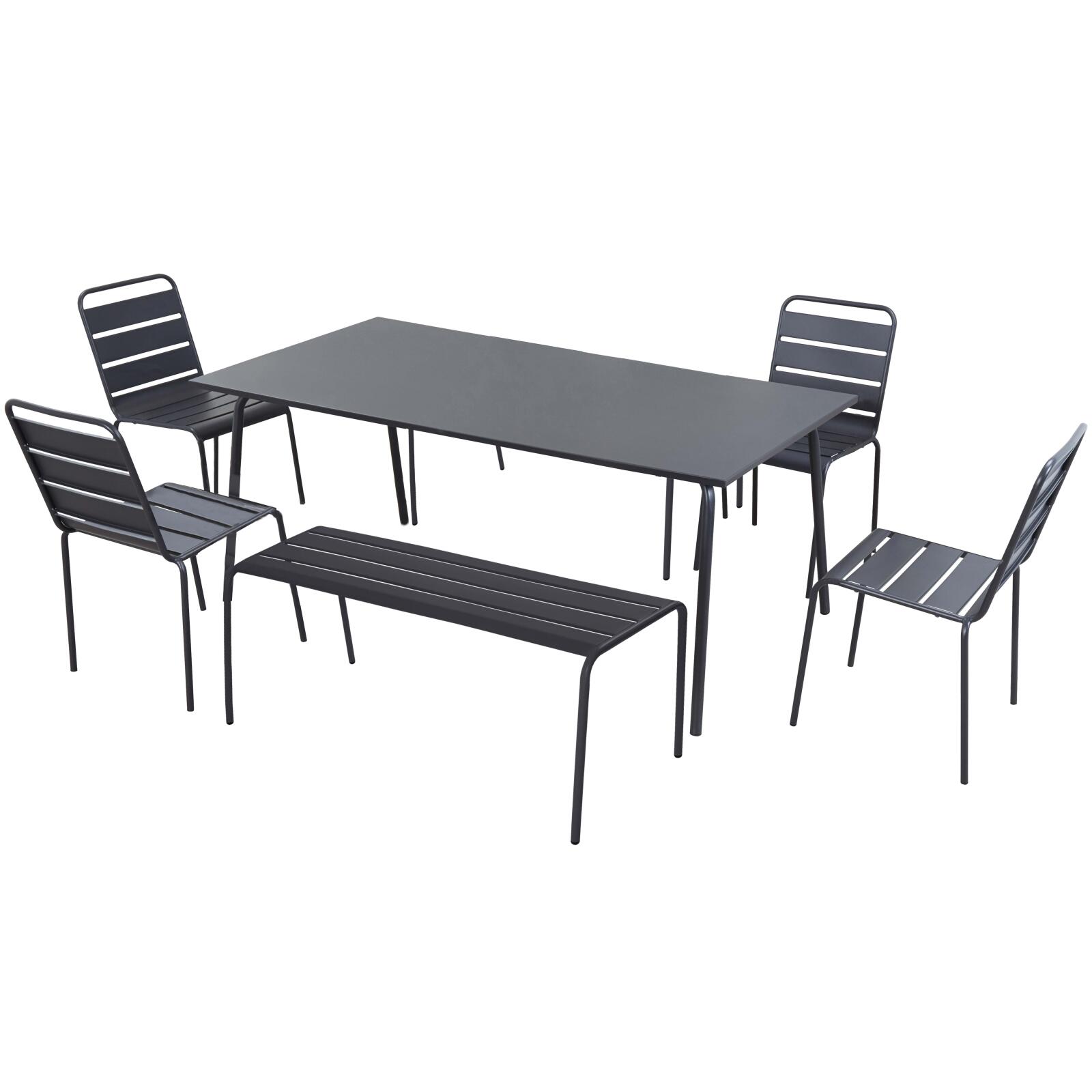 Mesa de jardín rectangular de 180 x 90 cm con 4 sillas y 2 bancos de metal Mesa de jardín rectangular de 180 x 90 cm con 4 sillas y 2 bancos de metal