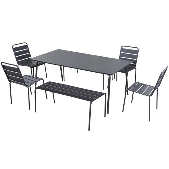 Mesa de jardín rectangular de 180 x 90 cm con 4 sillas y 2 bancos de metal