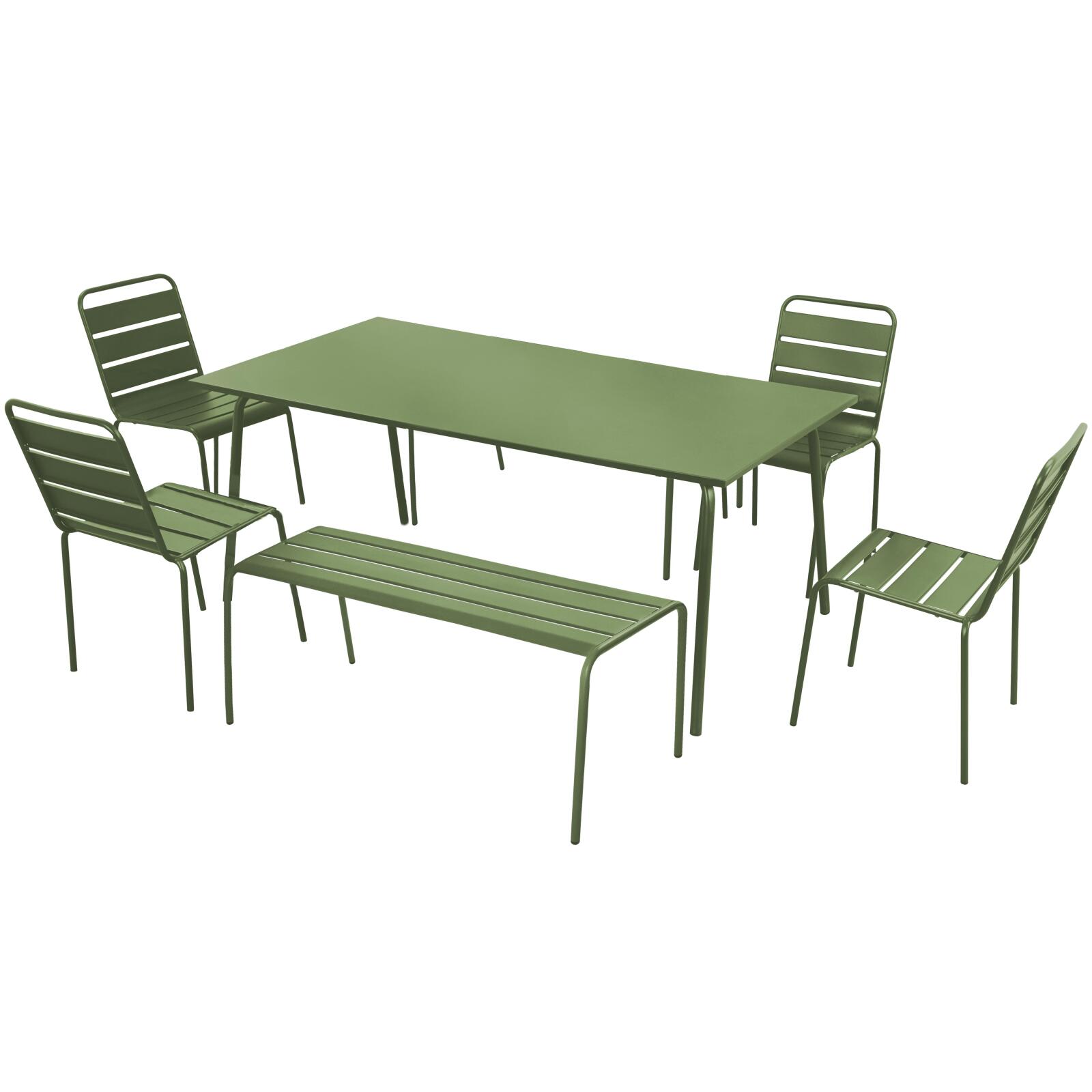 Mesa de jardín rectangular de 180 x 90 cm con 4 sillas y 2 bancos de metal