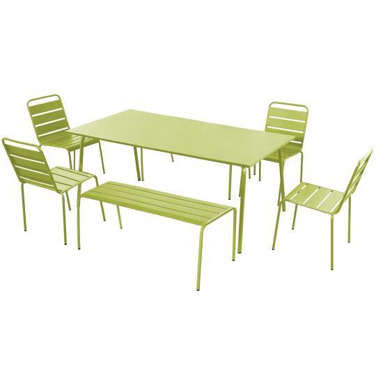 Mesa de jardín rectangular de 180 x 90 cm con 4 sillas y 2 bancos de metal