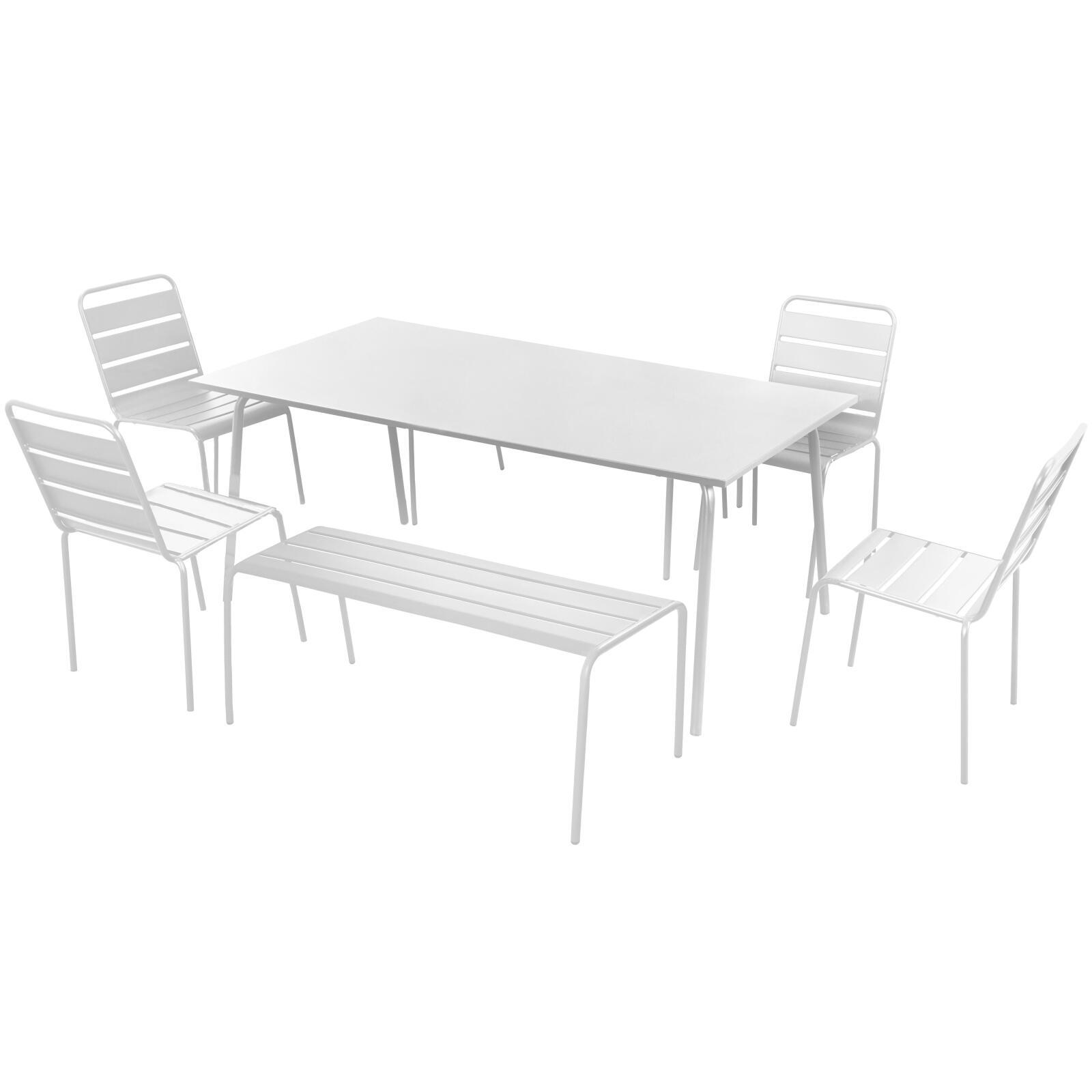 Mesa de jardín rectangular de 180 x 90 cm con 4 sillas y 2 bancos de metal