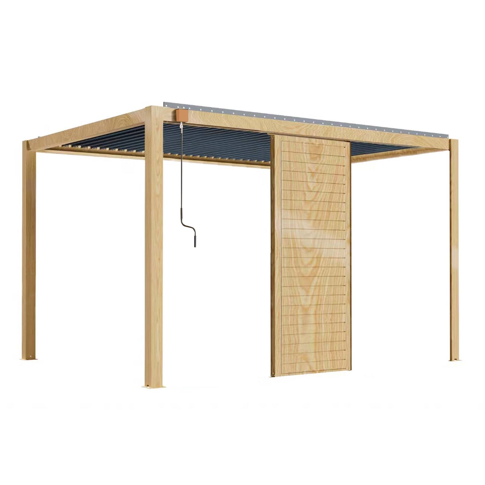 Pérgola bioclimática autoportante de aluminio de 3 x 4 m con decoración de madera y 1, 2 ó 3 pantallas