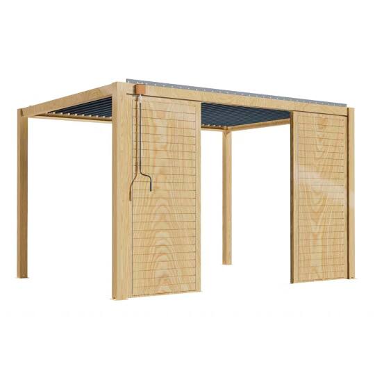 Pérgola bioclimática autoportante de aluminio de 3 x 4 m con decoración de madera y 1, 2 ó 3 pantallas