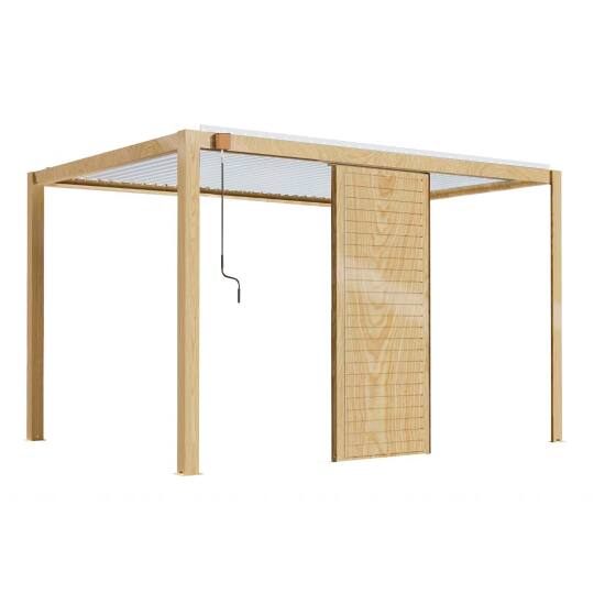 Pérgola bioclimática autoportante de aluminio blanco de 3 x 4 m con decoración de madera y 1, 2 ó 3 pantallas