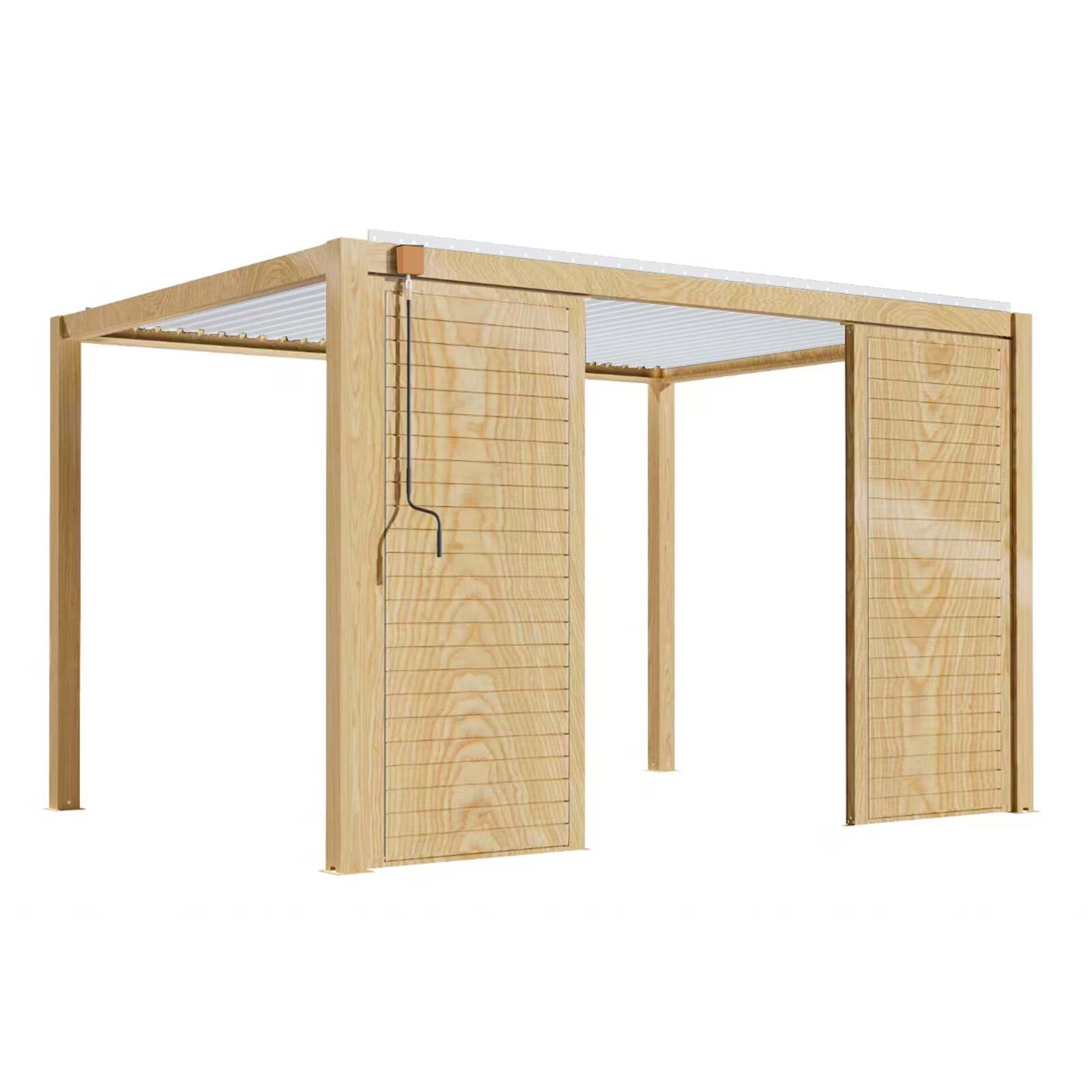 Pérgola bioclimática autoportante de aluminio blanco de 3 x 4 m con decoración de madera y 1, 2 ó 3 pantallas