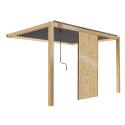Pérgola bioclimática adosada de aluminio de 3 x 4 m con decoración de madera y 1, 2 ó 3 pantallas