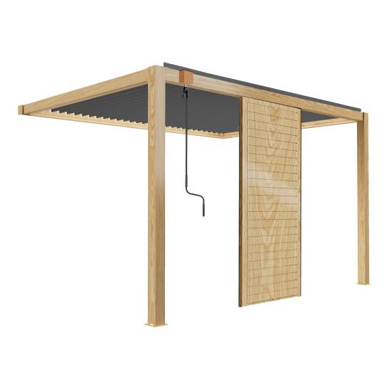 Pérgola bioclimática adosada de aluminio de 3 x 4 m con decoración de madera y 1, 2 ó 3 pantallas