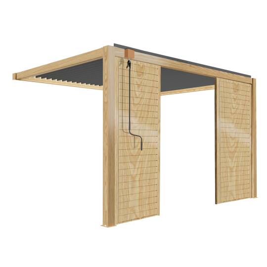 Pérgola bioclimática adosada de aluminio de 3 x 4 m con decoración de madera y 1, 2 ó 3 pantallas
