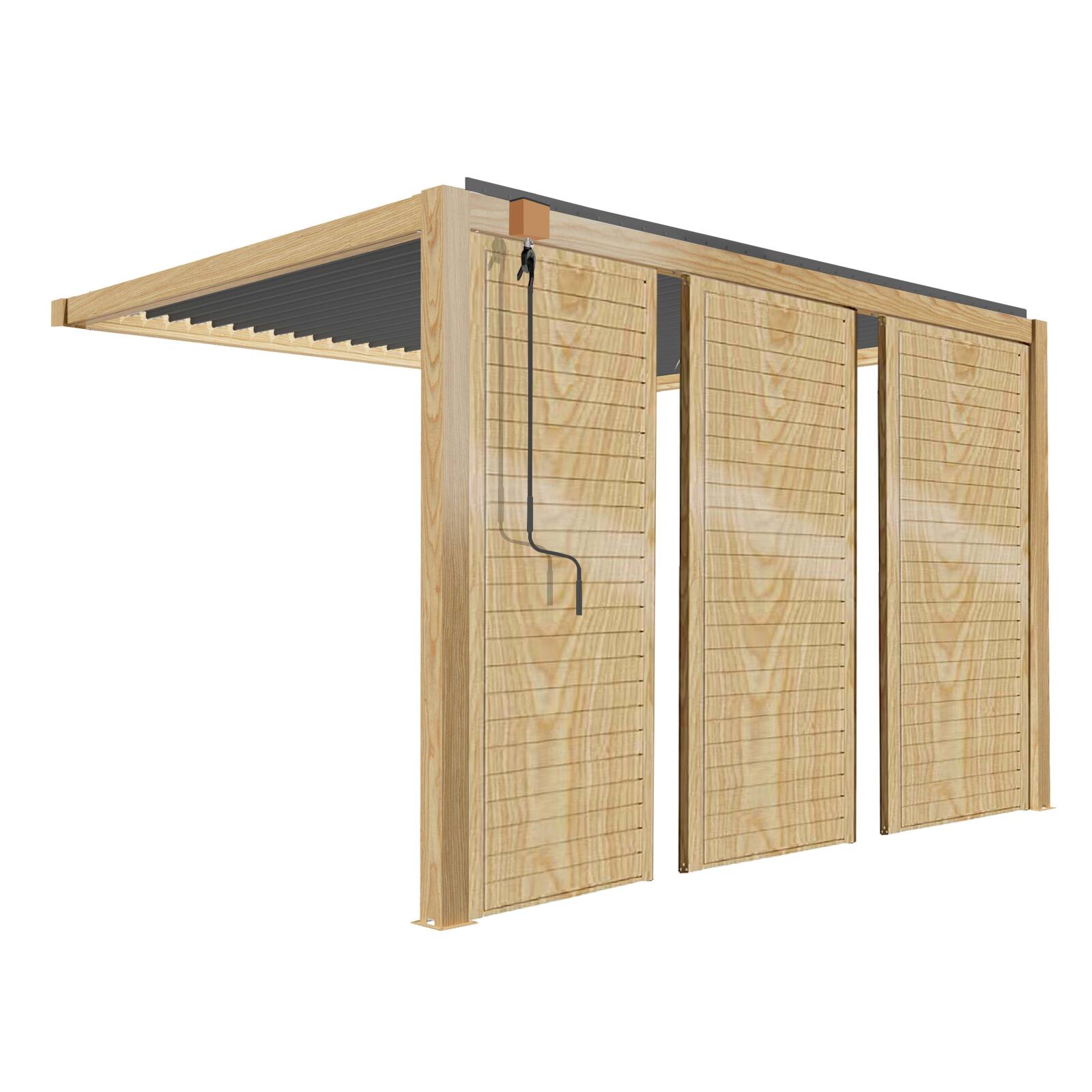 Pérgola bioclimática adosada de aluminio de 3 x 4 m con decoración de madera y 1, 2 ó 3 pantallas