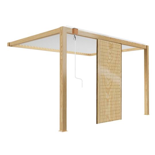 Pérgola bioclimática adosada de aluminio blanco de 3 x 4 m con decoración de madera y 1, 2 ó 3 pantallas