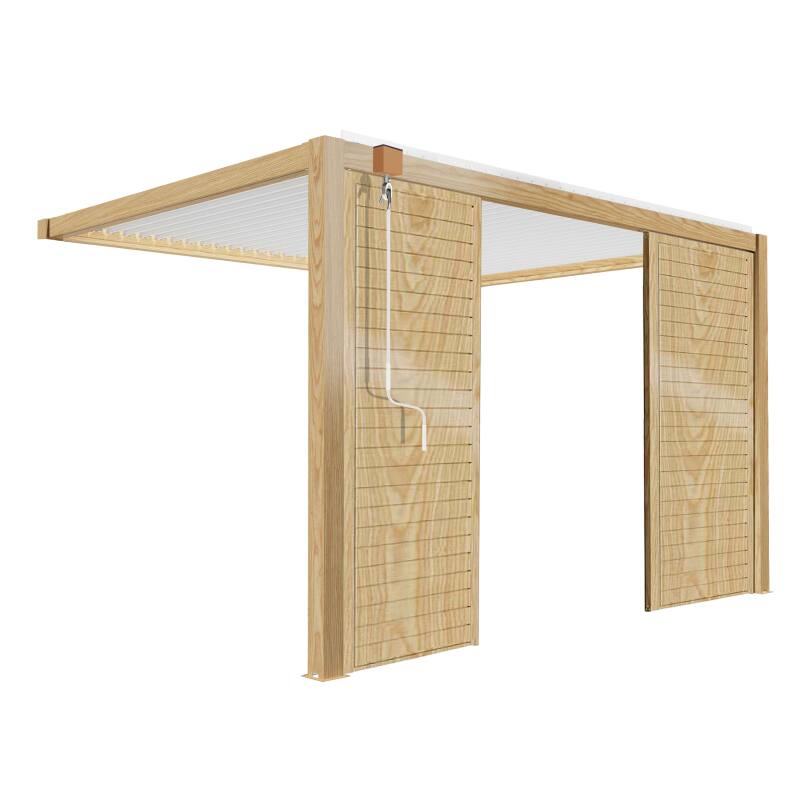 Pérgola bioclimática adosada de aluminio blanco de 3 x 4 m con decoración de madera y 1, 2 ó 3 pantallas