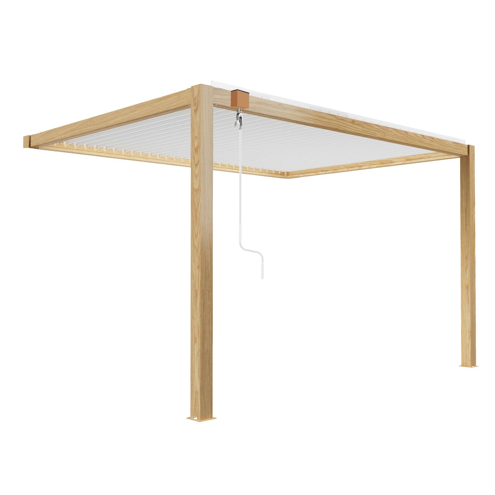 Pérgola bioclimática adosada de aluminio blanco de 3 x 4 m con decoración de madera y 1, 2 ó 3 pantallas
