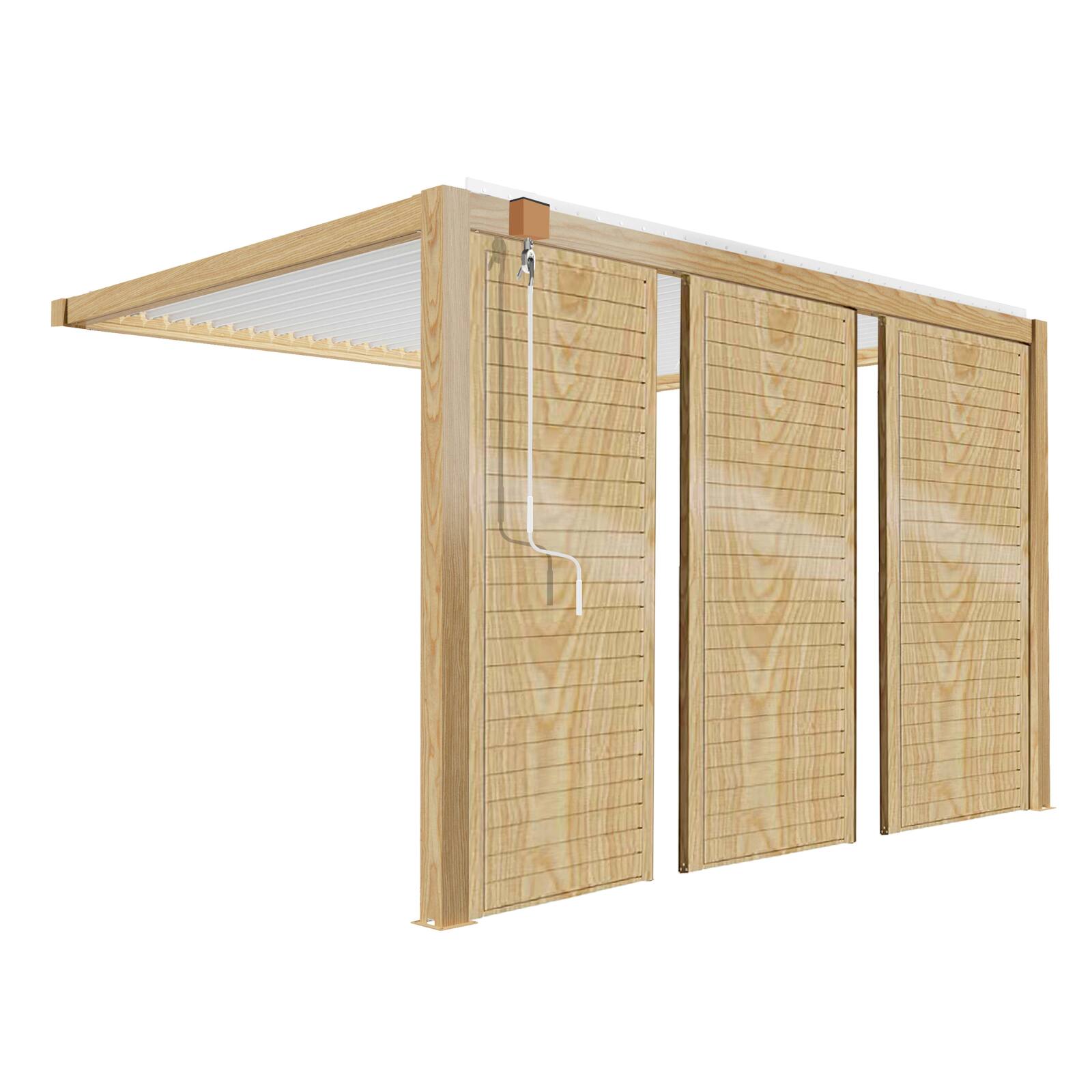 Pérgola bioclimática adosada de aluminio blanco de 3 x 4 m con decoración de madera y 1, 2 ó 3 pantallas