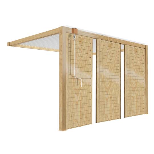 Pérgola bioclimática adosada de aluminio blanco de 3 x 4 m con decoración de madera y 1, 2 ó 3 pantallas | Oviala