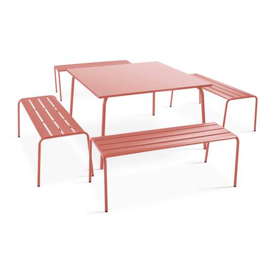 Mesa de jardín cuadrada de 120 x 120 cm y 4 bancos de metal