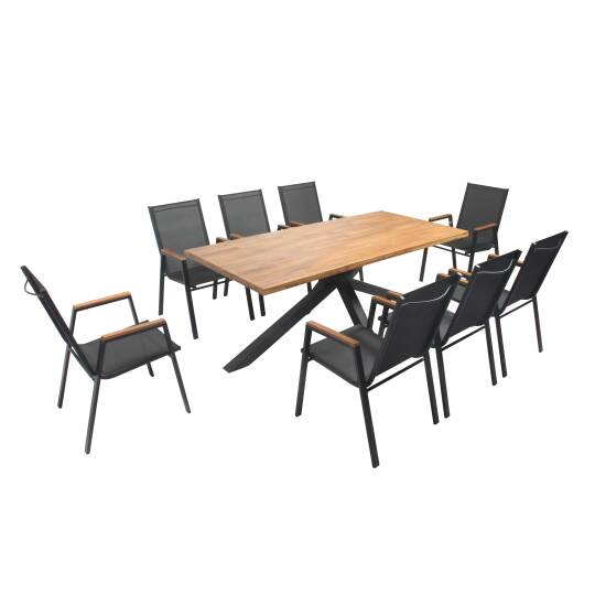 Mesa de jardín de madera de acacia y aluminio 200x75 cm y 8 sillas con reposabrazos de madera y textilene | Oviala