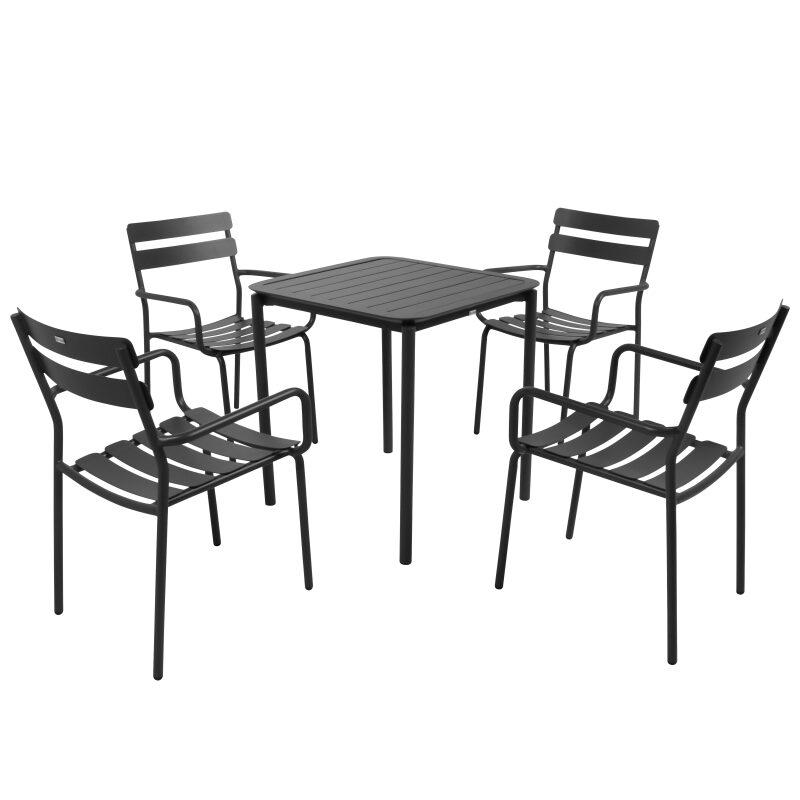 Mesa de patio cuadrada de 70 x 70 cm y 4 sillas con reposabrazos de aluminio