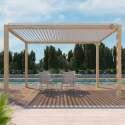 Pérgola bioclimática autoportante de 3 x 4 m de aluminio blanco con decoración de madera