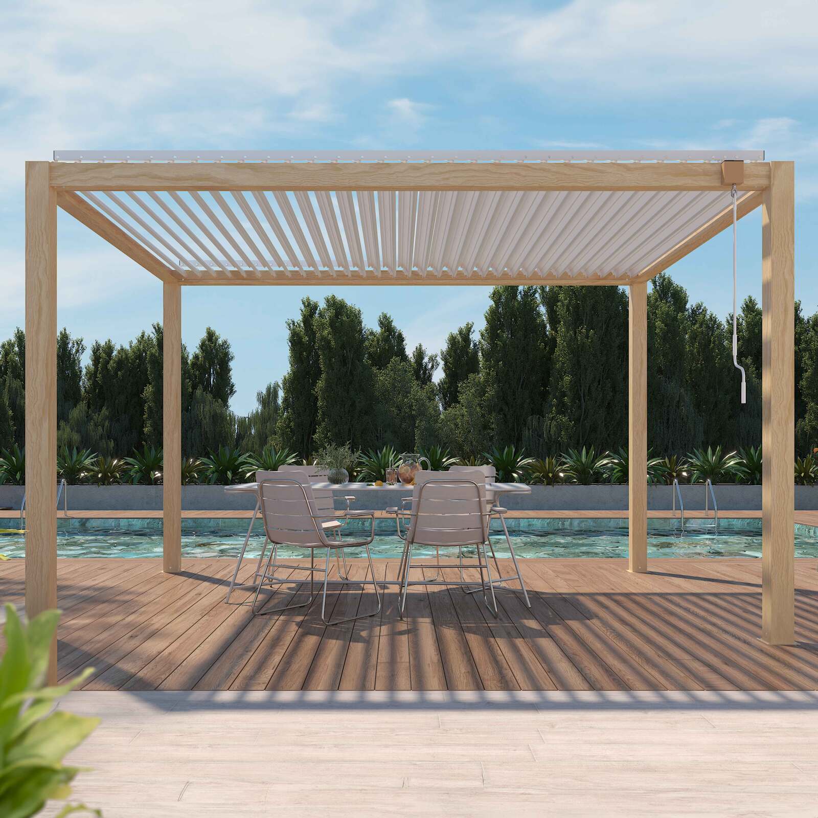 Pérgola bioclimática autoportante de 3 x 4 m de aluminio blanco con decoración de madera
