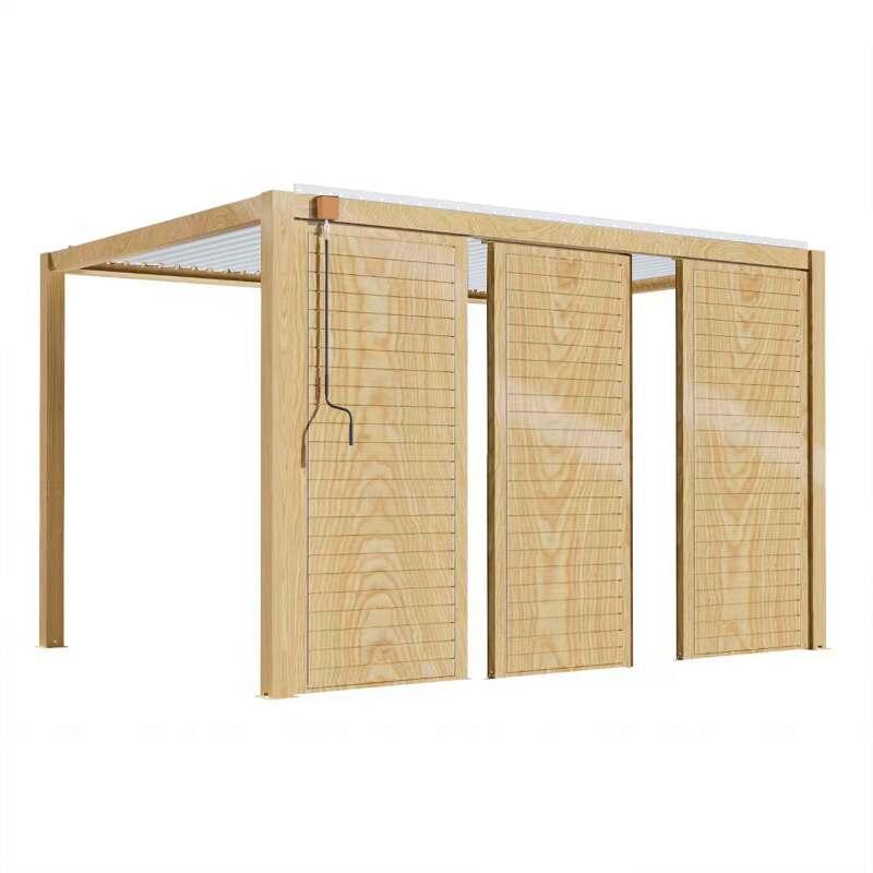Pérgola bioclimática autoportante de aluminio blanco de 3 x 4 m con decoración de madera y 1, 2 ó 3 pantallas