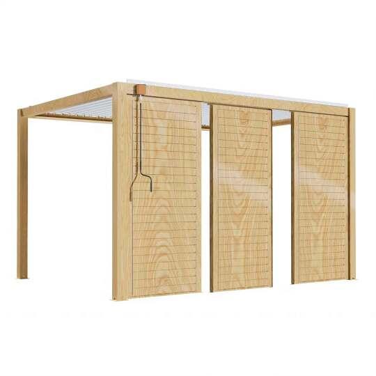 Pérgola bioclimática autoportante de aluminio blanco de 3 x 4 m con decoración de madera y 1, 2 ó 3 pantallas | Oviala