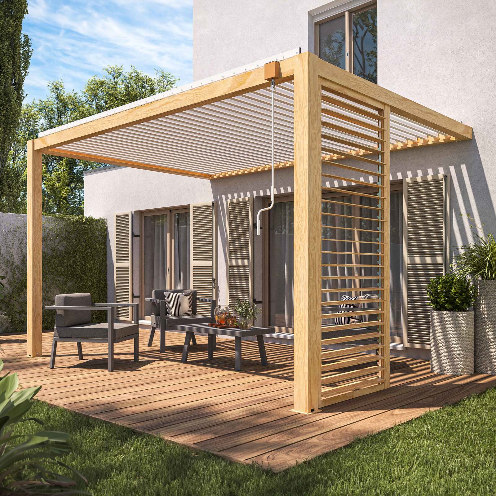 Pérgola bioclimática adosada de aluminio blanco de 3 x 4 m con decoración de madera y 1, 2 ó 3 pantallas