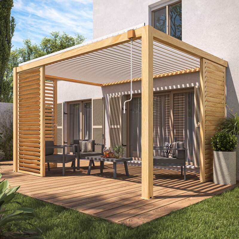 Pérgola bioclimática adosada de aluminio blanco de 3 x 4 m con decoración de madera y 1, 2 ó 3 pantallas