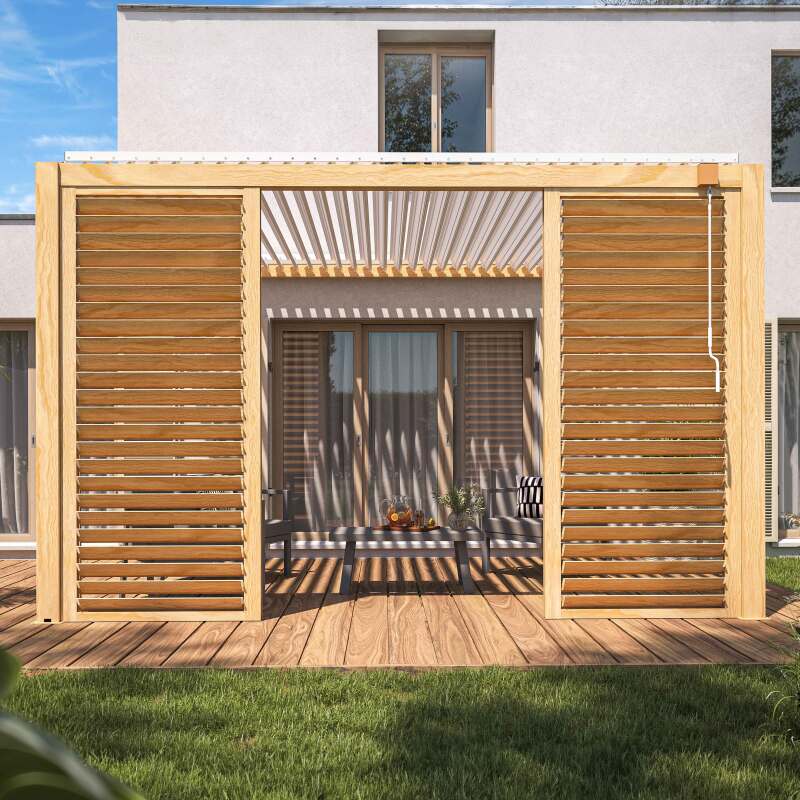 Pérgola bioclimática adosada de aluminio blanco de 3 x 4 m con decoración de madera y 1, 2 ó 3 pantallas (2/4)