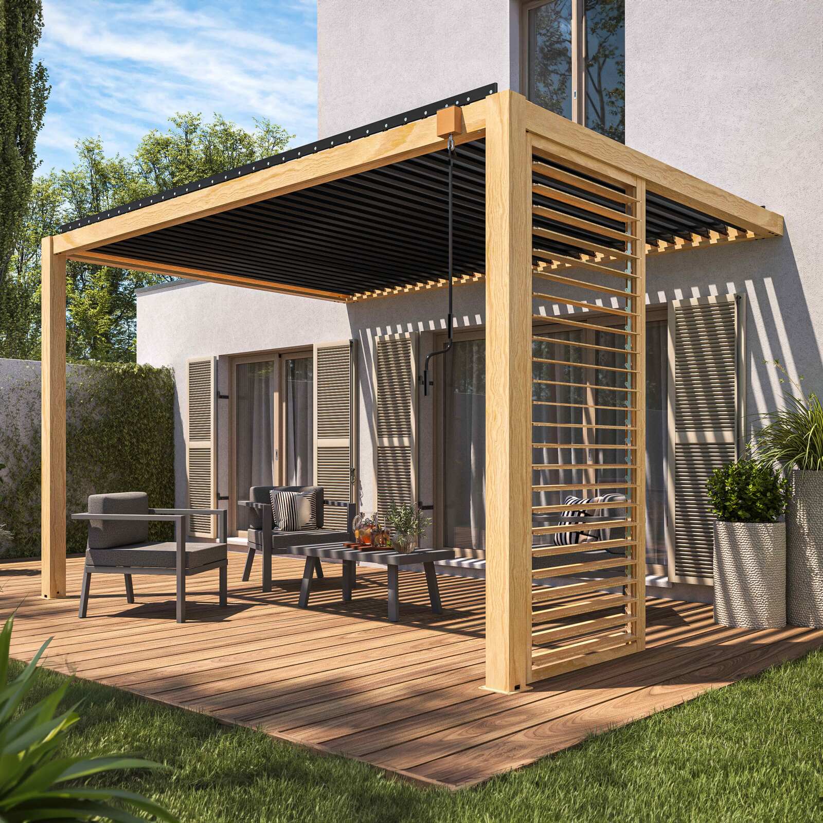 Pérgola bioclimática adosada de aluminio de 3 x 4 m con decoración de madera y 1, 2 ó 3 pantallas
