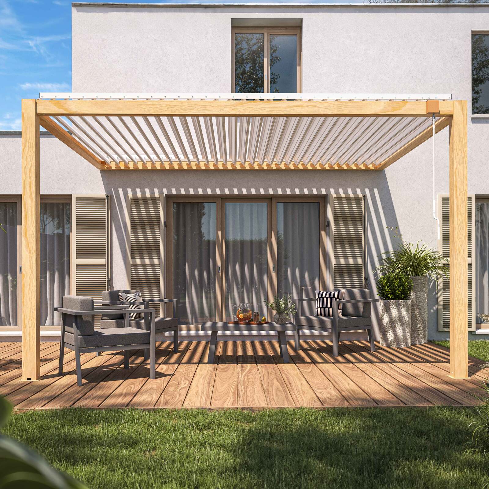 Pérgola bioclimática adosada de 3 x 4 m de aluminio blanco con decoración de madera