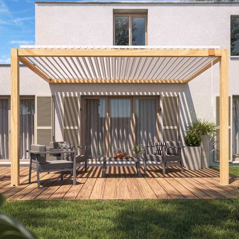 Pérgola bioclimática adosada de 3 x 4 m de aluminio blanco con decoración de madera