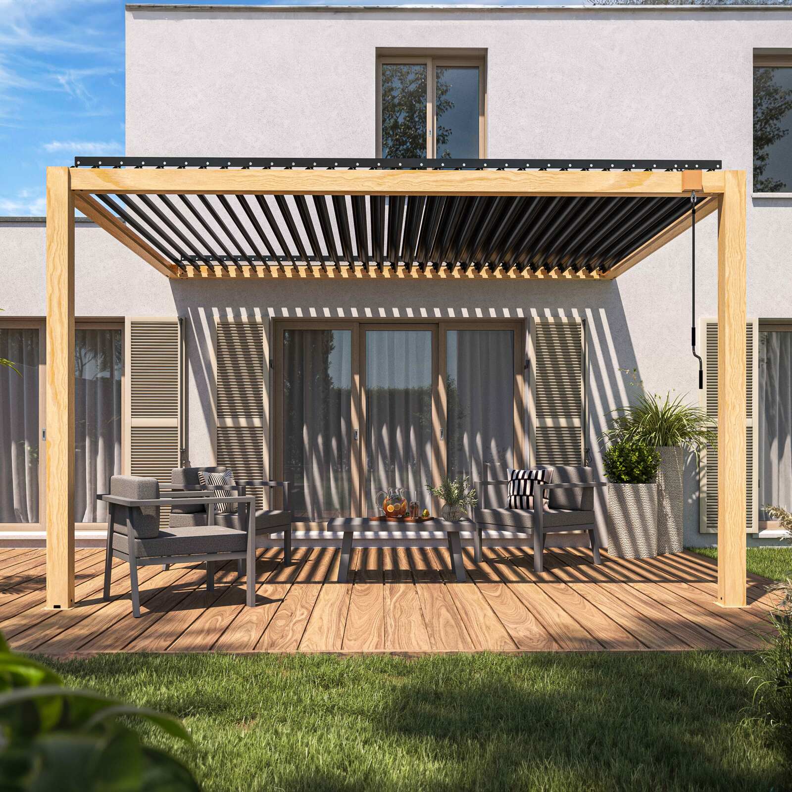 Pérgola bioclimática de aluminio de 3 x 4 m con decoración de madera