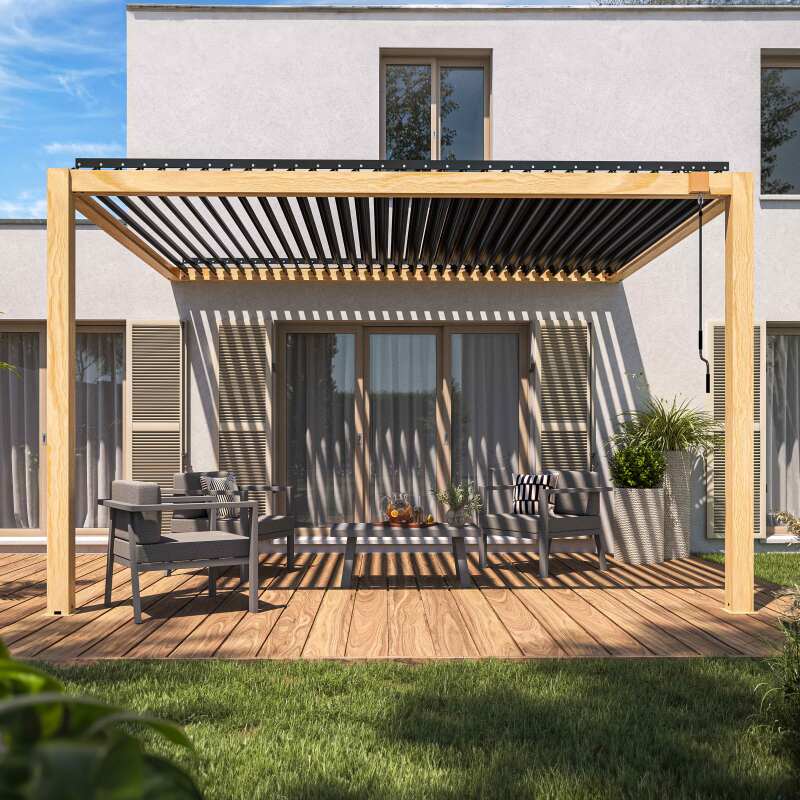 Pérgola bioclimática de aluminio de 3 x 4 m con decoración de madera