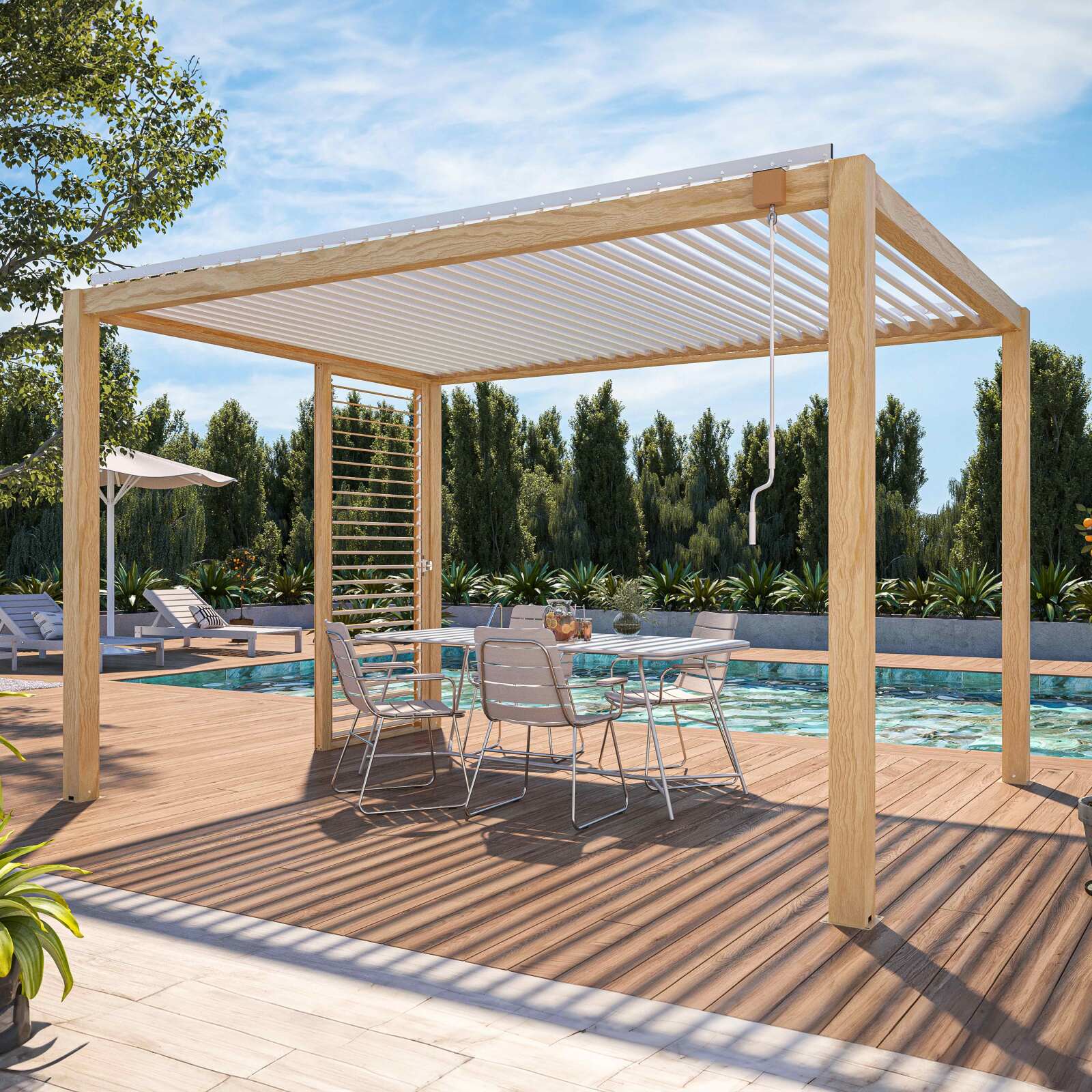 Pérgola bioclimática autoportante de aluminio blanco de 3 x 4 m con decoración de madera y 1, 2 ó 3 pantallas